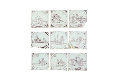 Lot 458 - Nine square Delft manganese tiles.