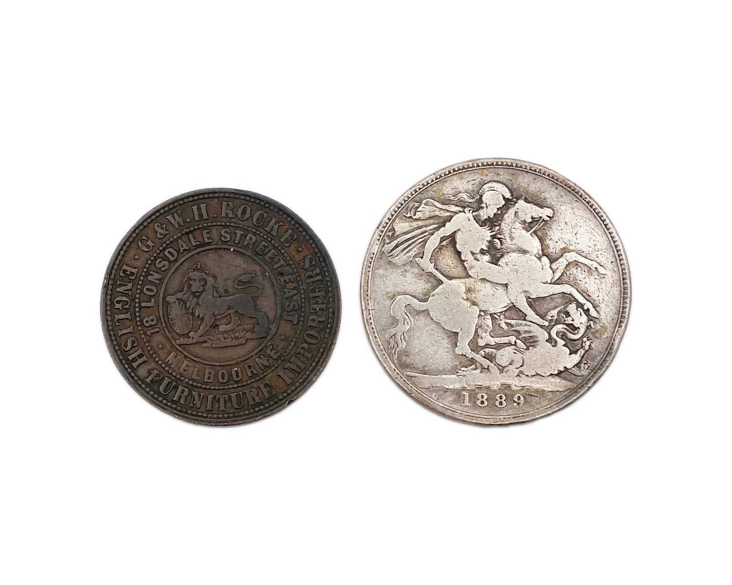 Lot 3 - A Victoria silver crown 1889 coin, and an Australia Melbourne Victoria 1859 copper penny token.