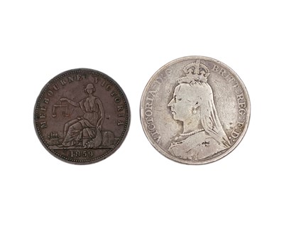 Lot 3 - A Victoria silver crown 1889 coin, and an Australia Melbourne Victoria 1859 copper penny token.