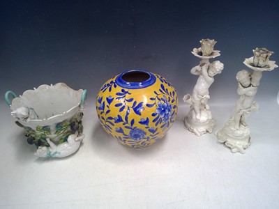 Lot 51 - A Majolica Basket with Two Cats, Two Porcelain...