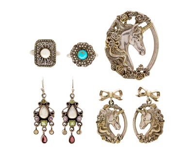 Lot 63 - Brooks and Bentley silver unicorn pendant and matching pair of earrings, with other silver jewellery.
