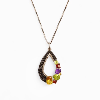 Lot 109 - A silver, citrine, garnet, peridot, amethyst, black, and white CZ pendant on a cable chain.