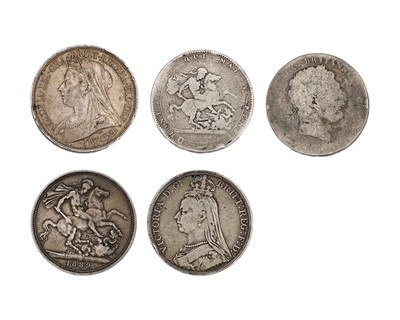 Lot 184 - GB - 3 x Victoria crown coins and 2 x George III crown coins.