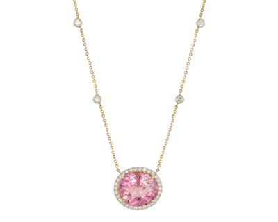 Lot 95 - An attractive 18k rose gold, pink tourmaline, and diamond adjustable necklace.