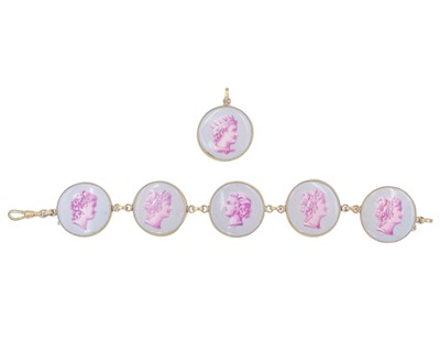 Lot 84 - A 9k porcelain medallion bracelet with a matching pendant.