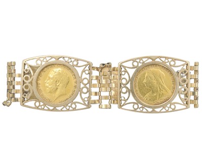 Lot 1 - A 9k gold, four half-sovereign coin set bracelet.