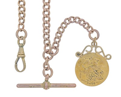 Lot 86 - A full sovereign coin fitted on a 9k rose gold Albert watch chain.