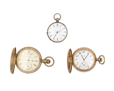 Lot 290 - Two Elgin gold-plated full hunter pocket watches and a silver cased Swiss fob watch.