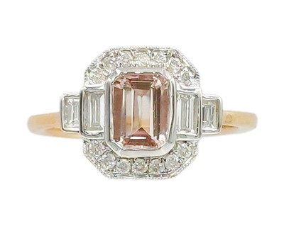 Lot 120 - An Art Deco-style 9k rose gold, pink morganite, and diamond cluster ring.