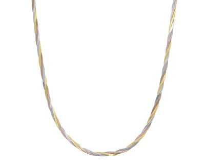 Lot 69 - A 9k tri-colour gold twisted herringbone link necklace.