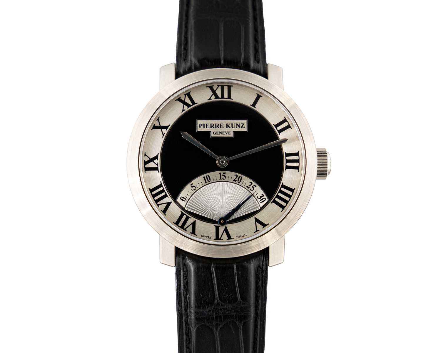 Lot 216 - PIERRE KUNZ - A PKA 001 SR retrogrades seconds gentleman's 18k white gold automatic wristwatch.