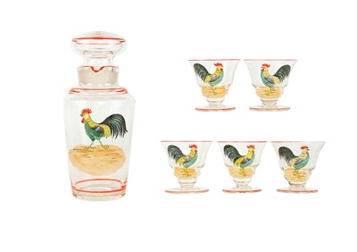 Lot 474 - An Art Deco glass cocktail set with enamelled cockerel decoration.