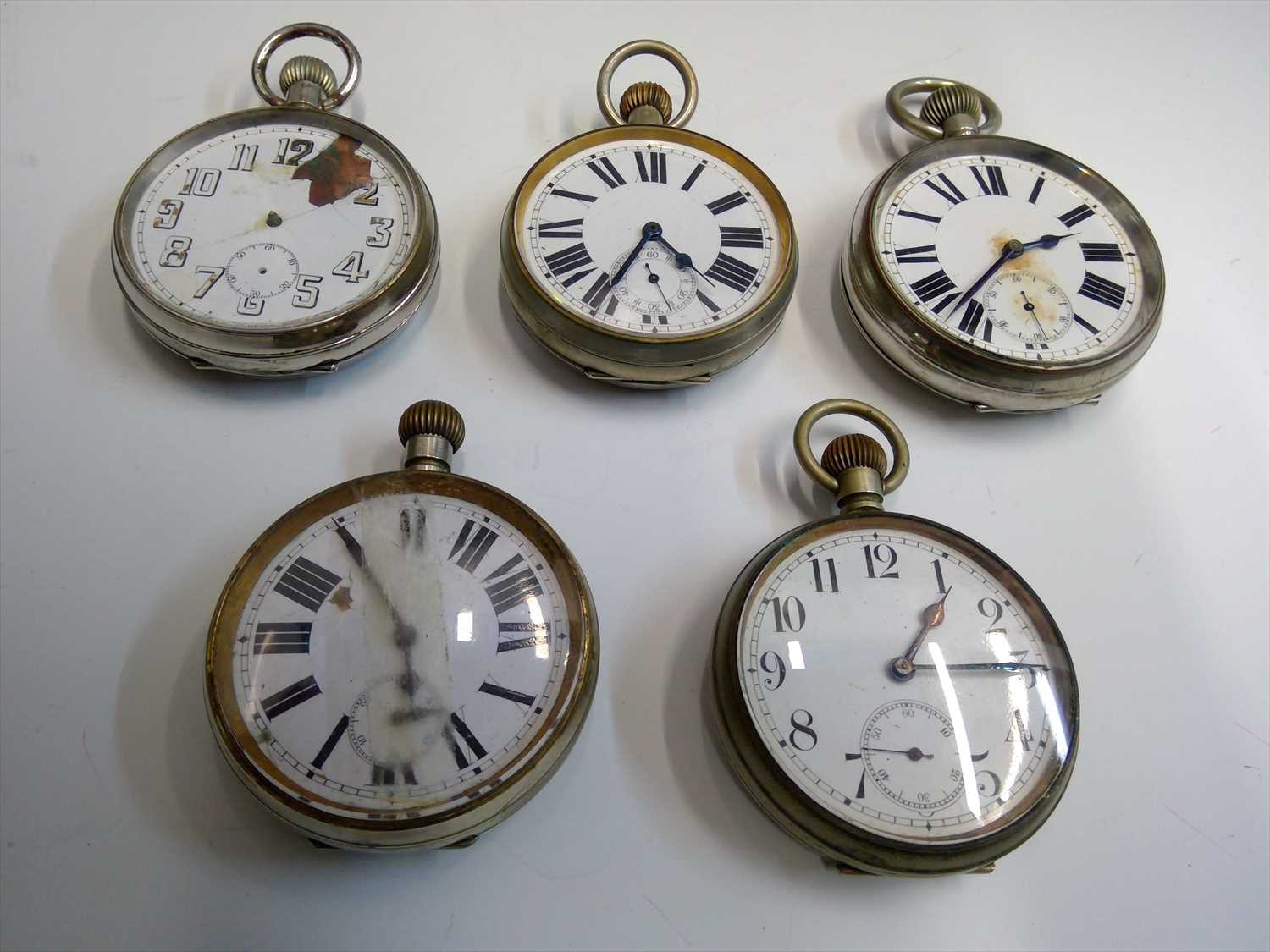 Lot 2634 - Five keyless 8 day goliath pocket watches