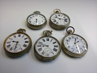 Lot 2635 - Five keyless 8 day goliath pocket watches