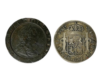 Lot 33 - COLONIAL SPANISH - A Charles IIII 1795 8 Reales silver coin, and a 1797 Cartwheel two penny.
