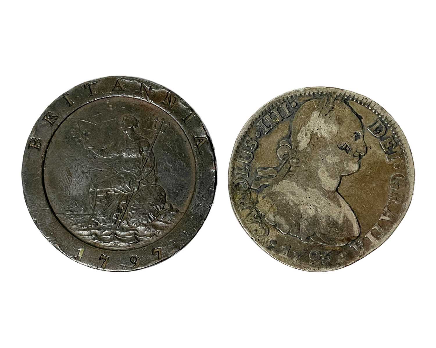 Lot 33 - COLONIAL SPANISH - A Charles IIII 1795 8 Reales silver coin, and a 1797 Cartwheel two penny.