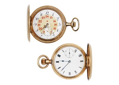 Lot 259 - WALTHAM & ELGIN - two gold-plated full hunter crown wind pocket watches.