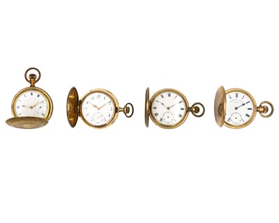 Lot 295 - A selection of four gold-plated full hunter keyless wind pocket watches for repair or spares.