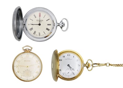 Lot 286 - PIERRE GREAVES - A gold-tone full hunter keyless wind pocket watch, with watch chain.