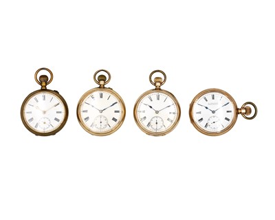 Lot 274 - A selection of four gold-plated keyless wind open face lever pocket watches.