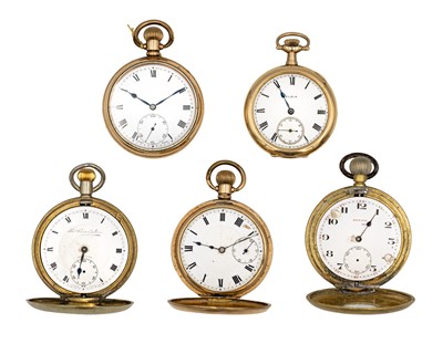 Lot 297 - A selection of five gold-plated keyless wind lever pocket watches.