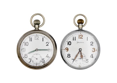 Lot 260 - A British Military issue keyless wind open face pocket watch and a HELVETIA military pocket watch.