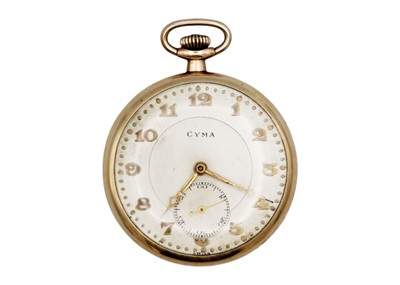 Lot 263 - CYMA - An Art Deco gold-plated keyless wind slim dress pocket watch.