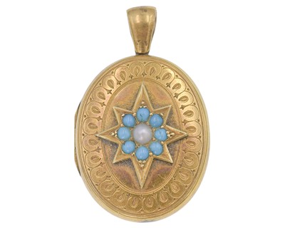 Lot 140 - A Victorian gold, turquoise, and pearl set oval locket pendant.