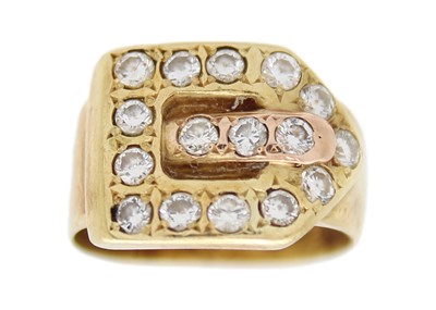 Lot 125 - An 18k gold and diamond wide buckle band ring.