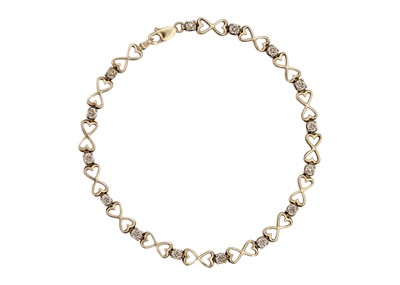 Lot 130 - A 9k gold and diamond heart-shaped link bracelet.