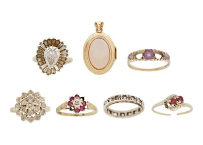 Lot 127 - A selection of 9k and 14k gold broken rings and a 9k gold mother-of-pearl locket pendant.