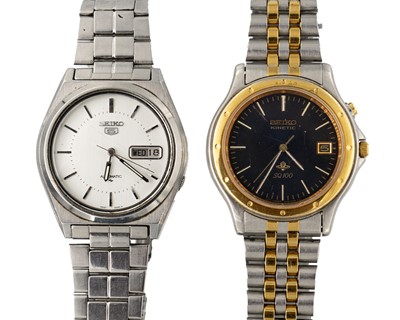 Lot 206 - SEIKO - A 5 stainless steel automatic gentleman's bracelet watch, and an SQ 100 Kinetic wristwatch.