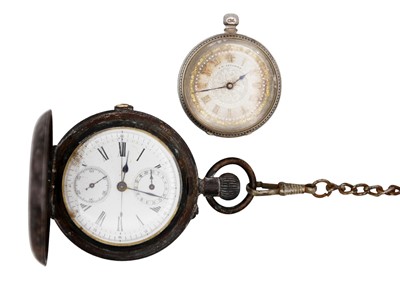 Lot 276 - A Swiss gunmetal cased keyless wind chronograph pocket watch, and a silver cased fob watch.