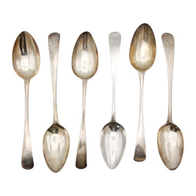 Lot 270 - A George III silver matched set of six OE pattern table spoons, all by the Bateman's.
