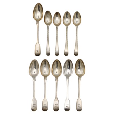 Lot 222 - A Victorian Irish silver set of four fiddle pattern teaspoons, one pair, and a set of four beaded spoons.