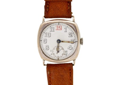 Lot 236 - A WWI silver fixed lug cushion cased officers' trench wristwatch.