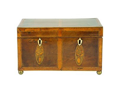 Lot 324 - A George III mahogany, satinwood banded and chevron strung tea caddy.