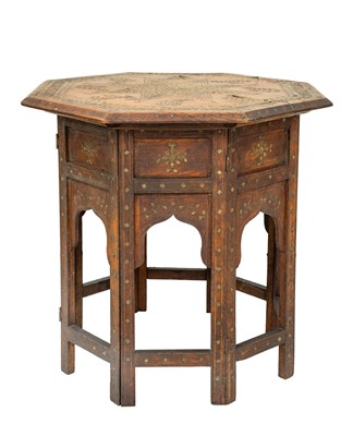 Lot 633 - An Anglo-Indian Hoshiapur brass inlaid teak octagonal folding table.