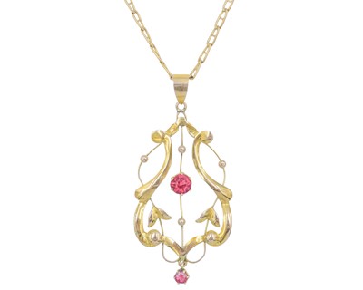 Lot 153 - A 9k gold and paste set Art Nouveau pendant necklace.
