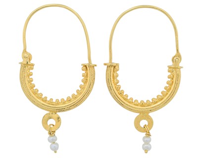 Lot 154 - A pair of 14k gold traditional Croatian, Dubrovnik, Konavle region filigree hoop earrings.