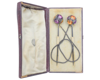 Lot 151 - A pair of Scottish Victorian silver and foiled paste cloak pins by David Macgregor, Perth.