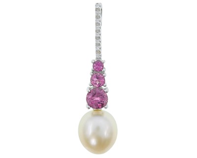 Lot 158 - An 18k white gold, tourmaline, diamond, and golden pearl pendant by AUTORE.