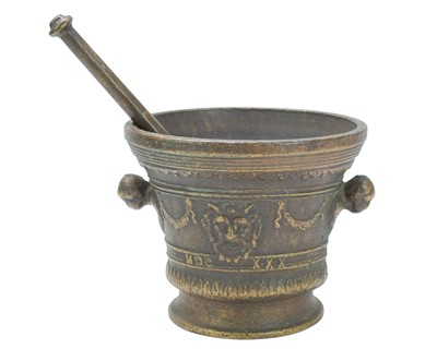Lot 36 - A Renaissance style cast bronze mortar and pestle, dated 1630.