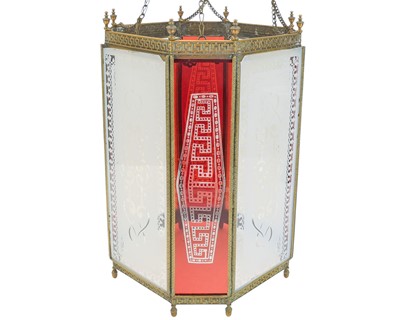 Lot 831 - A 19th century gilt brass and glass hall lantern.