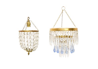 Lot 812 - A blue lollipop waterfall chandelier and a basket chandelier.