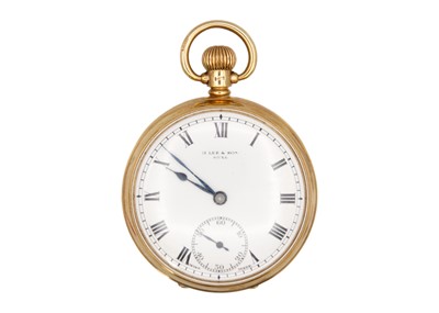 Lot 244 - A 9k gold keyless wind open face lever pocket watch.