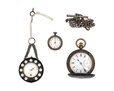 Lot 283 - Two gunmetal pocket watches, a silver enamel fob watch and a silver watch chain.