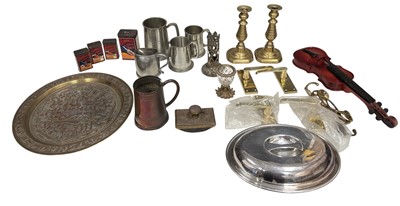 Lot 72 - Metalware, including brass candlesticks, door...