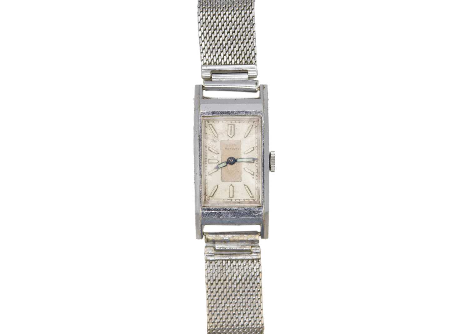 Lot 209 - ROLEX MARCONI - An Art Deco rectangular nickel case lady's manual wind wristwatch.