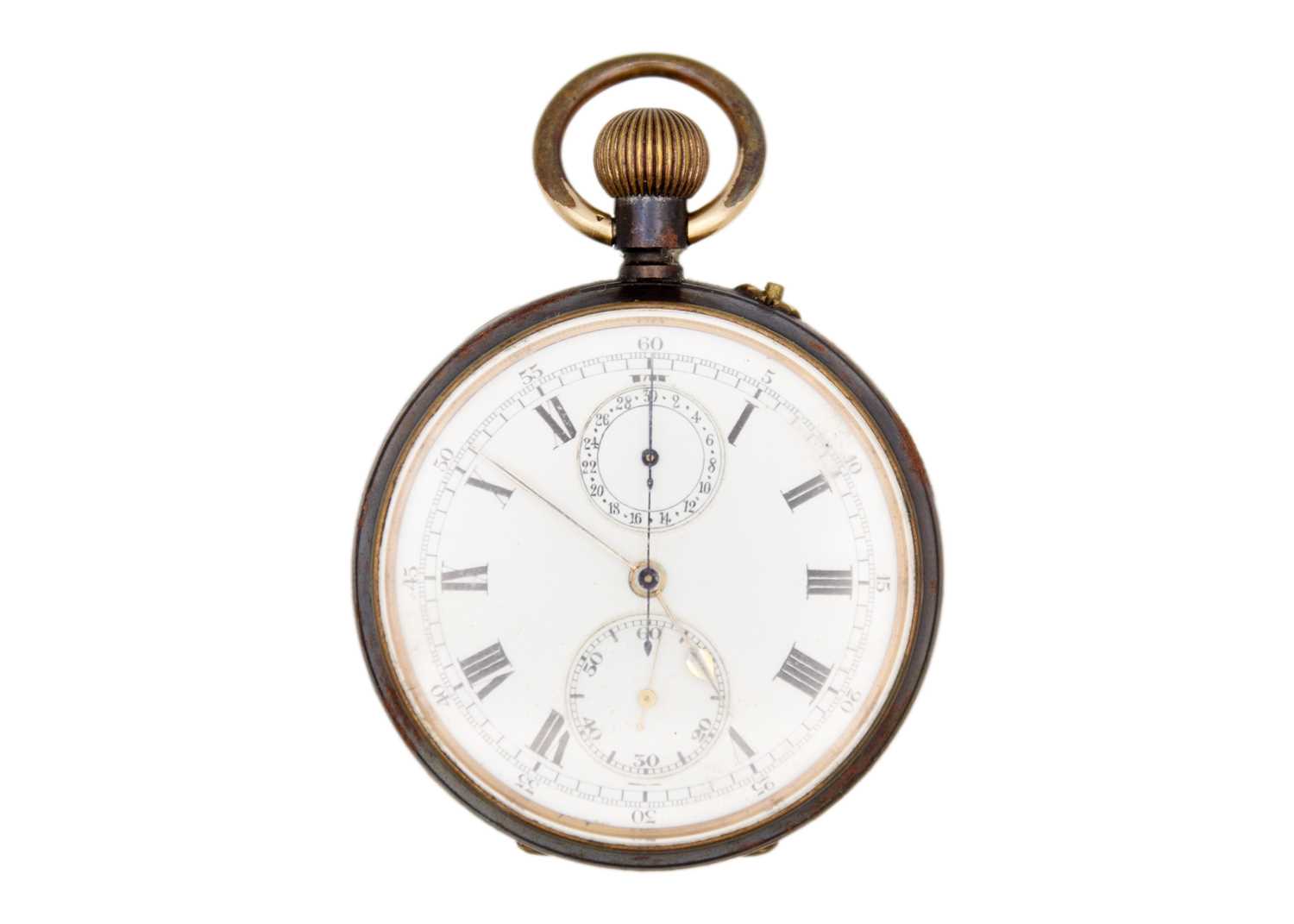 Lot 247 - A Swiss chronograph gunmetal cased keyless wind pocket watch.